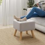 Beige Linen Footstool with Wooden Legs