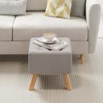 Beige Linen Footstool with Wooden Legs