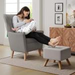 Beige Linen Footstool with Wooden Legs