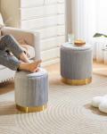 Set of 2 Gray Velvet Round Ottomans with Storage