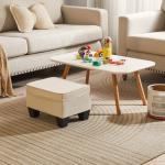 Compact Beige Linen Footstool with Padded Seat