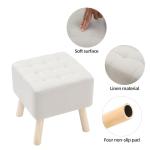 Beige Linen Footstool with Wooden Legs