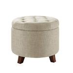 Round Linen Tufted Storage Ottoman in Beige