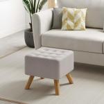 Beige Linen Footstool with Wooden Legs