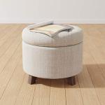 Round Linen Tufted Storage Ottoman in Beige
