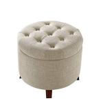 Round Linen Tufted Storage Ottoman in Beige