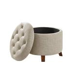 Round Linen Tufted Storage Ottoman in Beige