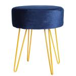 Blue Velvet Round Foot Stool with Gold Legs