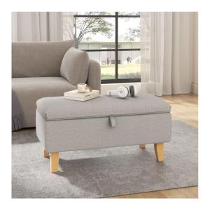 Light Grey Linen Storage Ottoman with Wooden Legs