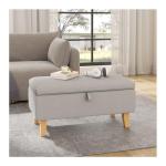 Light Grey Linen Storage Footstool with Wooden Legs