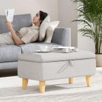 Light Grey Linen Storage Footstool with Wooden Legs