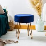 Blue Velvet Round Foot Stool with Gold Legs