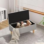 Light Grey Linen Storage Footstool with Wooden Legs