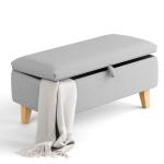 Light Grey Linen Storage Footstool with Wooden Legs