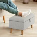 Light Grey Linen Storage Footstool with Wooden Legs