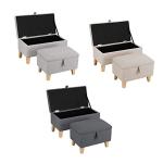 Light Grey Linen Storage Footstool with Wooden Legs