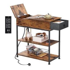 Narrow Side Table with Charging Station - Rustic Brown