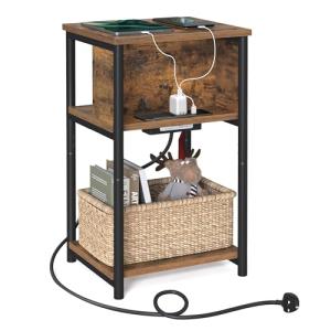 VASAGLE Narrow Charging Side Table in Rustic Brown