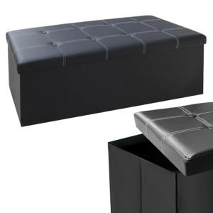 Large Black Faux Leather Storage Ottoman Stool