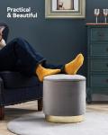 Grey Velvet Round Ottoman with Gold Base