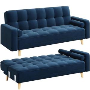 Blue Velvet 3-Seater Sofa Bed with Wooden Legs