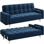 Blue Velvet 3-Seater Sofa Bed with Wooden Legs