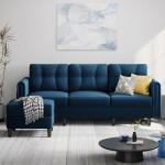Blue Velvet L-Shaped Sectional Sofa with Ottoman