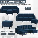 Blue Velvet L-Shaped Sectional Sofa with Ottoman