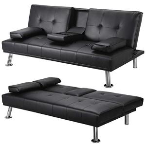 Yaheetech Faux Leather 3-Seater Sofa Bed with Cup Holders