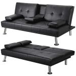 Yaheetech Faux Leather 3-Seater Sofa Bed with Cup Holders
