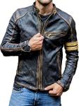 Men's Real Leather Cafe Racer Jacket in Black