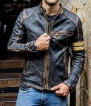 Men's Real Leather Cafe Racer Jacket in Black