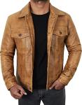 Men's Tan Leather Trucker Jacket for Summer
