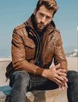 Men's Brown Leather Jacket with Removable Hood