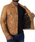 Men's Tan Leather Trucker Jacket for Summer