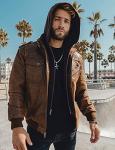 Men's Brown Leather Jacket with Removable Hood