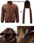 Men's Brown Leather Jacket with Removable Hood