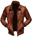 Men's Brown Distressed Lambskin Leather Bomber Jacket