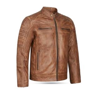 Men's Distressed Tan Leather Cafe Racer Jacket