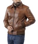 Men's Brown Distressed Lambskin Leather Bomber Jacket
