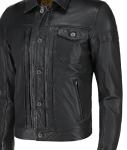 Men's Soft Leather Trucker Jacket in Black