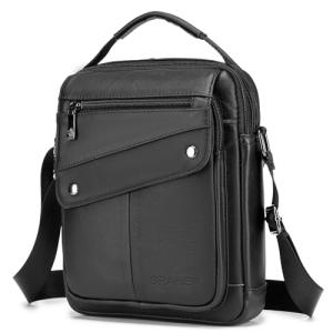 Men's Black Leather Shoulder Bag with Adjustable Strap
