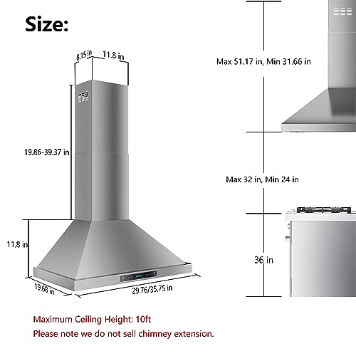 36" Stainless Steel Wall Mount Range Hood