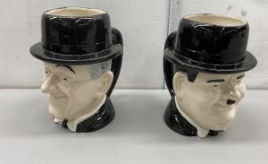 Vintage 1980 Laurel and Hardy Ceramic Figural Head Mugs Coffee Cups Pair