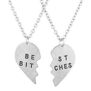 LUX ACCESSORIES Best Friends BFF Forever Best Bitches Valentine Detached Heart Pendant Charm Necklaces (2pc)