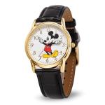 Disney Mickey Moving Hands Watch - Vintage Mickey Mouse Watch for Men - 90s Mouse Watches - Classic Men’s Toys - Retro Style - Gold Case - Black Leather Strap