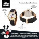 Disney Mickey Moving Hands Watch - Vintage Mickey Mouse Watch for Men - 90s Mouse Watches - Classic Men’s Toys - Retro Style - Gold Case - Black Leather Strap