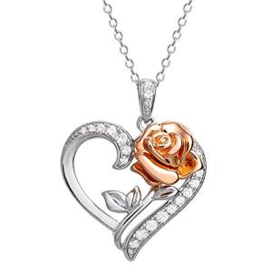 Disney Womens Beauty and the Beast Rose Necklace Officially Licensed - 18" Sterling Silver Necklace with Rose Heart Pendant