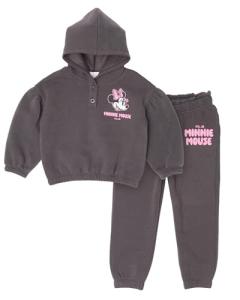 Disney Minnie Mouse Toddler Girls’ Outfit Set - Two Piece Black Hoodie Sweatshirt with Puff Ink Print & Jogger Pants (Charcoal, 4T)