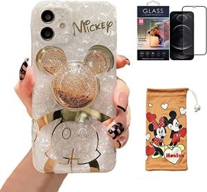Hosiss Cartoon Case for iPhone 12 6.1'' with HD Screen Protector, Mickey Mouse with Quicksand Cell Phone Holder Strap Soft TPU Shockproof Protective for Girls Women